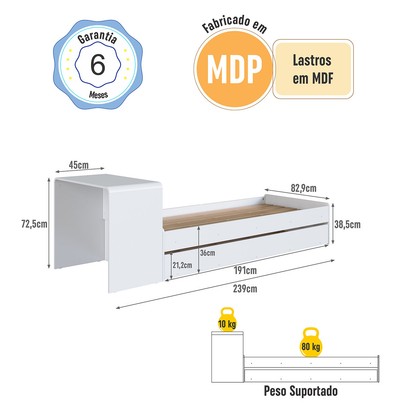 Cama Solterio Infanto Juvenil com Escrivaninha e Cama Auxiliar Branco - Completa Móveis