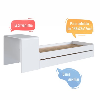 Cama Solterio Infanto Juvenil com Escrivaninha e Cama Auxiliar Branco - Completa Móveis