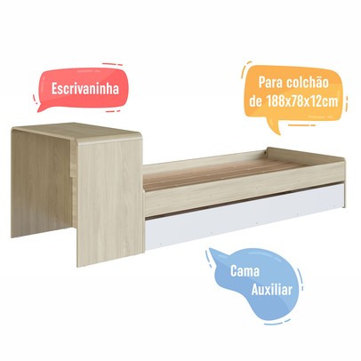 Cama Solterio Infanto Juvenil com Escrivaninha e Cama Auxiliar Carvalho/Branco - Completa Móveis