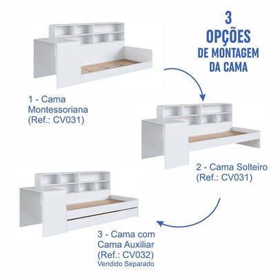Cama Solterio Infanto Juvenil com Escrivaninha para Estudo e Estante Branco - Completa Móveis