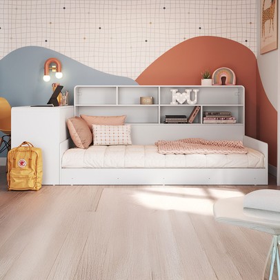 Cama Solterio Infanto Juvenil com Escrivaninha para Estudo e Estante Branco - Completa Móveis