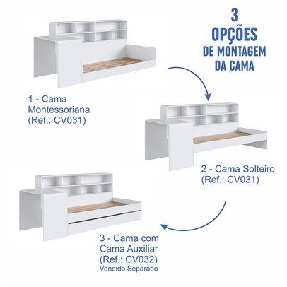 Cama Solteiro Infanto Juvenil com Escrivaninha para Estudo Estante e Cama Auxiliar Branco - Completa Móveis