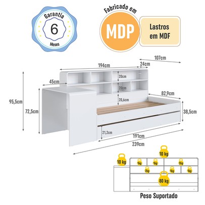 Cama Solteiro Infanto Juvenil com Escrivaninha para Estudo Estante e Cama Auxiliar Branco - Completa Móveis