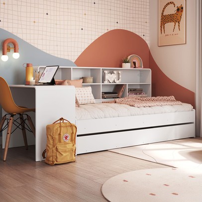 Cama Solteiro Infanto Juvenil com Escrivaninha para Estudo Estante e Cama Auxiliar Branco - Completa Móveis