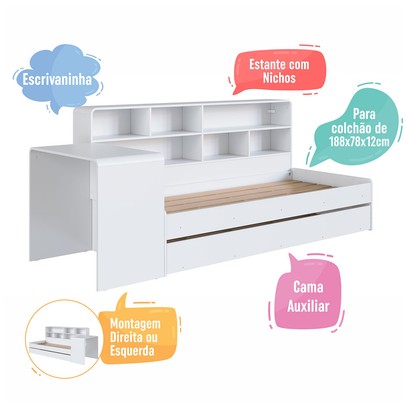 Cama Solteiro Infanto Juvenil com Escrivaninha para Estudo Estante e Cama Auxiliar Branco - Completa Móveis