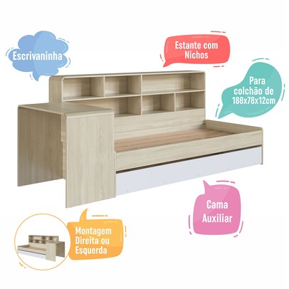 Cama Solteiro Infanto Juvenil com Escrivaninha para Estudo Estante e Cama Auxiliar Carvalho/Branco - Completa Móveis