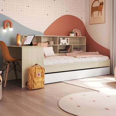 Cama Solteiro Infanto Juvenil com Escrivaninha para Estudo Estante e Cama Auxiliar Carvalho/Branco - Completa Móveis