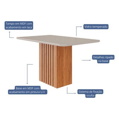 Mesa de Madeira Ana 130 Cm com Vidro 10833 Cinamomo/Off White - Cimol