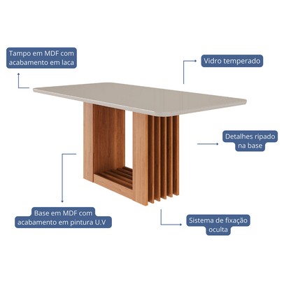 Mesa de Madeira Ariela 180 Cm com Vidro Cinamomo/Off White - Cimol