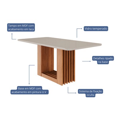 Mesa de Madeira Ariela 180 Cm com Vidro Cinamomo/Off White - Cimol