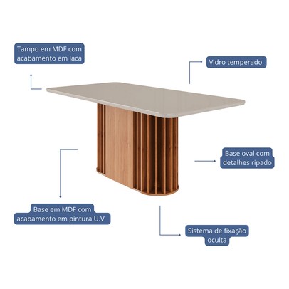 Mesa de Madeira Julieta 180 Cm com Vidro Cinamomo/Off White - Cimol