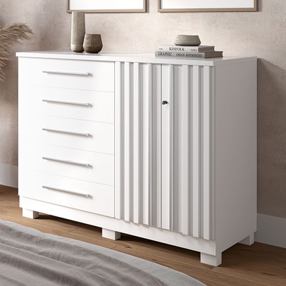 Cômoda Bella 2 Portas 5 Gavetas 100% Mdf Ripado Branco - Acp Móveis