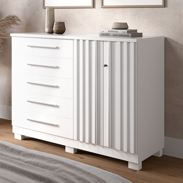 Cômoda Bella 2 Portas 5 Gavetas 100% Mdf Ripado Branco - Acp Móveis