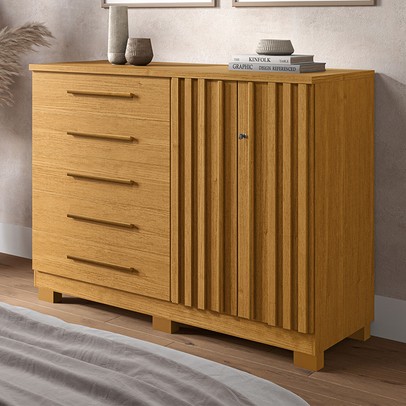 Cômoda Bella 2 Portas 5 Gavetas 100% Mdf Ripado Cinamomo - Acp Móveis