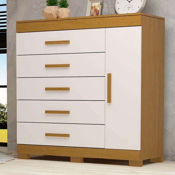 Cômoda Rayane 1 Porta 5 Gavetas 100% Mdf Cinamomo/Off White - Acp Móveis