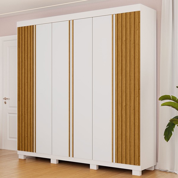Guarda-Roupa Casal Eliza 6 Portas Ripadas 6 Gavetas 100% Mdf Flex Branco/Cinamomo - Acp Móveis