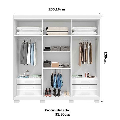 Guarda-Roupa Casal Eliza 6 Portas Ripadas 6 Gavetas 100% Mdf Flex Branco/Cinamomo - Acp Móveis