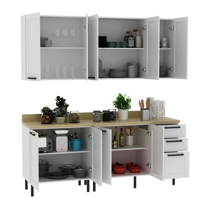 Cozinha Completa com Tampo Lúmina 9 Portas 3 Gavetas Branco/Carvalho - Pnr Móveis