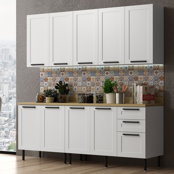 Cozinha Completa com Tampo Lúmina 9 Portas 3 Gavetas Branco/Carvalho - Pnr Móveis