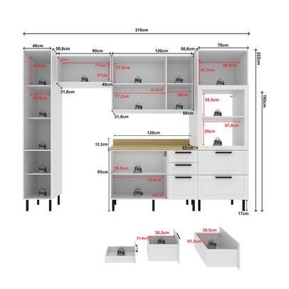 Cozinha Completa com Tampo Lúmina 9 Portas 5 Gavetas Branco/Carvalho - Pnr Móveis