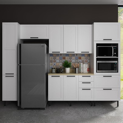 Cozinha Completa com Tampo Lúmina 9 Portas 5 Gavetas Branco/Carvalho - Pnr Móveis