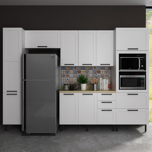Cozinha Completa com Tampo Lúmina 9 Portas 5 Gavetas Branco/Carvalho - Pnr Móveis