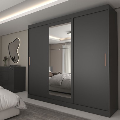 Guarda-Roupa Casal Columbia 3 Portas 2 Gavetas com Espelho 100% Mdf Preto - Panorama Móveis