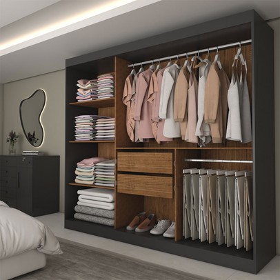 Guarda-Roupa Casal Columbia 3 Portas 2 Gavetas com Espelho 100% Mdf Preto - Panorama Móveis