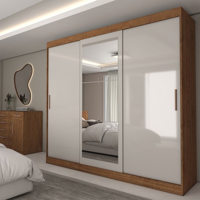 Guarda-Roupa Casal Columbia 3 Portas 2 Gavetas com Espelho 100% Mdf Off White/Nogueira - Panorama Móveis