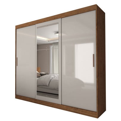 Guarda-Roupa Casal Columbia 3 Portas 2 Gavetas com Espelho 100% Mdf Off White/Nogueira - Panorama Móveis