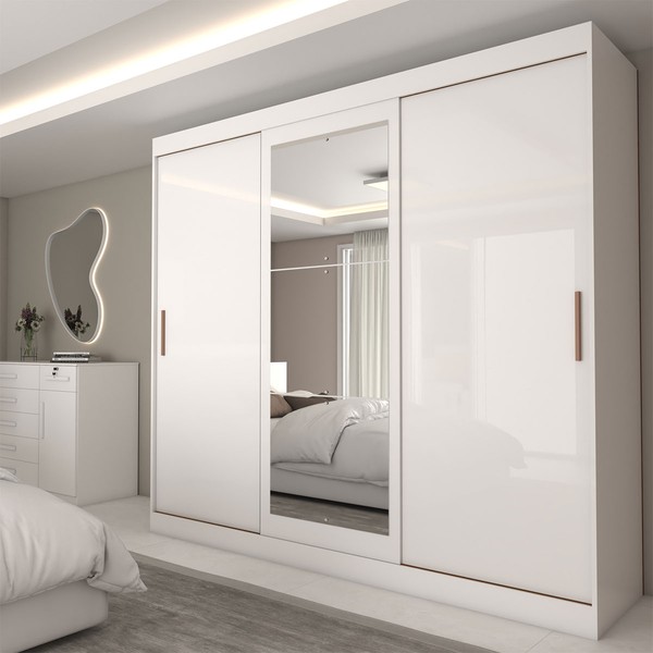 Guarda-Roupa Casal Columbia 3 Portas 2 Gavetas com Espelho 100% Mdf Branco - Panorama Móveis