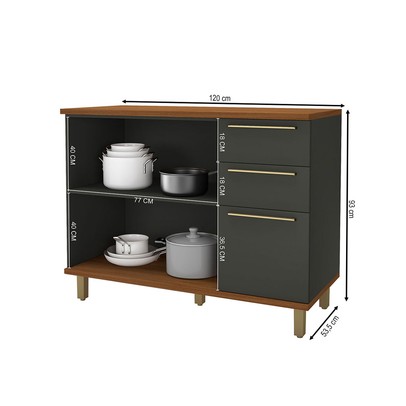 Balcão de Cozinha para Pia 120 Cm Munique 2 Portas 3 Gavetas Freijó/Chumbo - Indékes