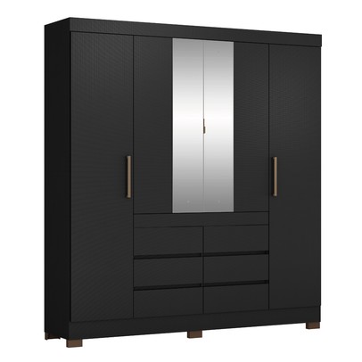 Guarda-Roupa Casal Cádis 4 Portas 6 Gavetas com Espelho Preto/Amêndola - Demóbile