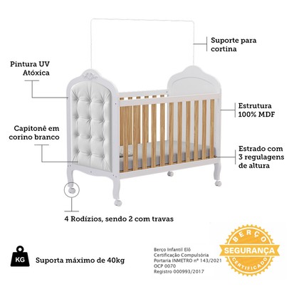 Berço Elô Minicama 3 em 1 com Capitonê 100% Mdf Branco Brilho/Amêndoa/Corino Branco - Móveis Peroba