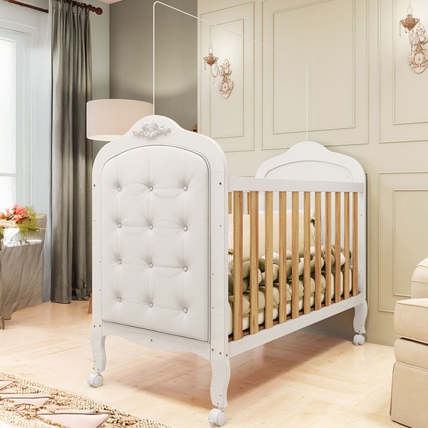 Berço Elô Minicama 3 em 1 com Capitonê 100% Mdf Branco Brilho/Amêndoa/Corino Branco - Móveis Peroba