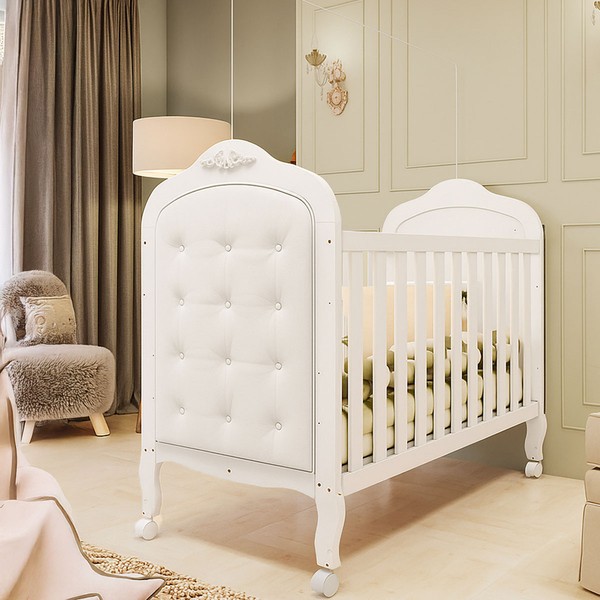 Berço Elô Minicama 3 em 1 com Capitonê 100% Mdf Branco Brilho/Corino Branco - Móveis Peroba