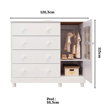 Cômoda Infantil Elô 1 Porta 4 Gavetas 100% Mdf 4463 Branco Brilho - Móveis Peroba