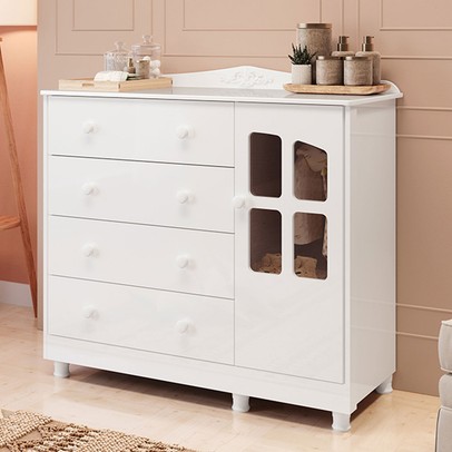 Cômoda Infantil Elô 1 Porta 4 Gavetas 100% Mdf 4463 Branco Brilho - Móveis Peroba