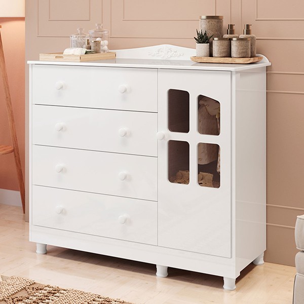Cômoda Infantil Elô 1 Porta 4 Gavetas 100% Mdf 4463 Branco Brilho - Móveis Peroba