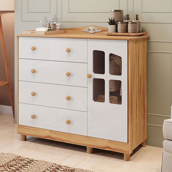 Cômoda Infantil Elô 1 Porta 4 Gavetas 100% Mdf Branco Brilho/Amêndoa - Móveis Peroba