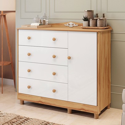 Cômoda Infantil Elô 1 Porta 4 Gavetas 100% Mdf Branco Brilho/Amêndoa - Móveis Peroba