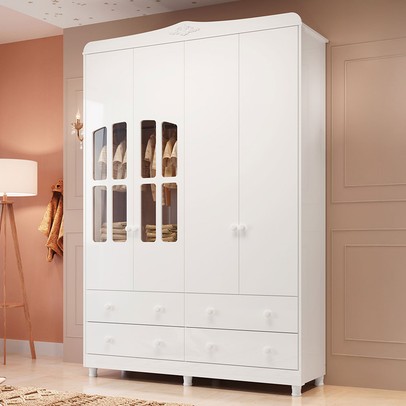 Guarda-Roupa Infantil Elô 4 Portas 4 Gavetas 100% Mdf 4460 Branco Brilho - Móveis Peroba