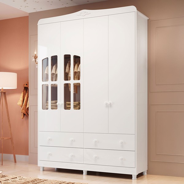 Guarda-Roupa Infantil Elô 4 Portas 4 Gavetas 100% Mdf 4460 Branco Brilho - Móveis Peroba