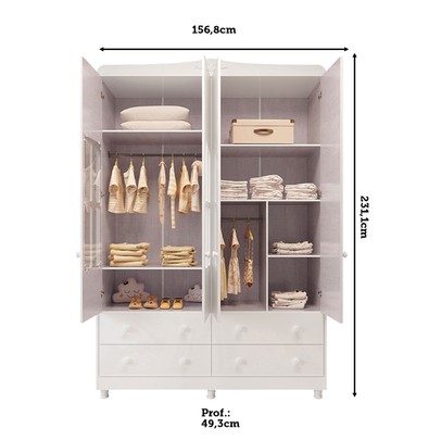 Guarda-Roupa Infantil Elô 4 Portas 4 Gavetas 100% Mdf 4460 Branco Brilho - Móveis Peroba