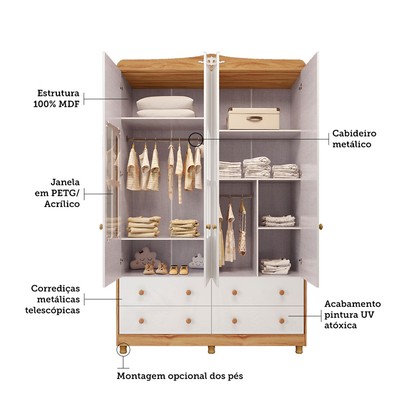 Guarda-Roupa Infantil Elô 4 Portas 4 Gavetas 100% Mdf 4460 Branco Brilho/Amêndoa - Móveis Peroba