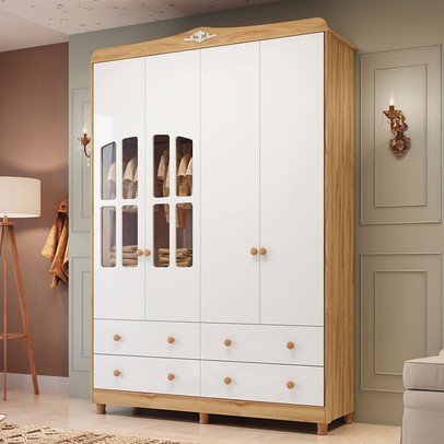 Guarda-Roupa Infantil Elô 4 Portas 4 Gavetas 100% Mdf 4460 Branco Brilho/Amêndoa - Móveis Peroba