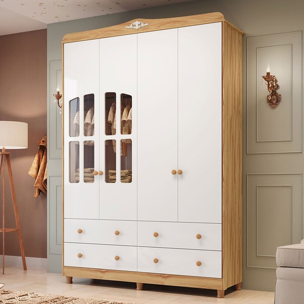 Guarda-Roupa Infantil Elô 4 Portas 4 Gavetas 100% Mdf 4460 Branco Brilho/Amêndoa - Móveis Peroba