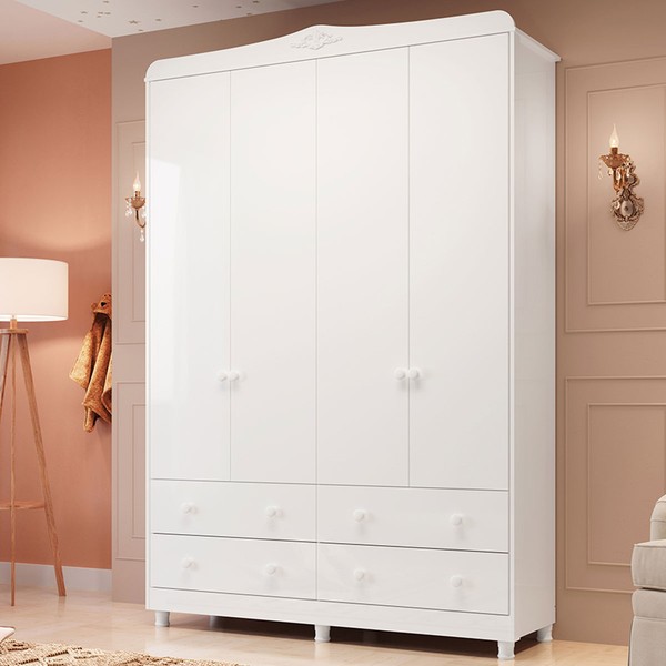 Guarda-Roupa Infantil Elô 4 Portas 4 Gavetas 100% Mdf Branco Brilho - Móveis Peroba