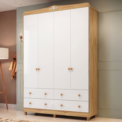 Guarda-Roupa Infantil Elô 4 Portas 4 Gavetas 100% Mdf Branco Brilho/Amêndoa - Móveis Peroba