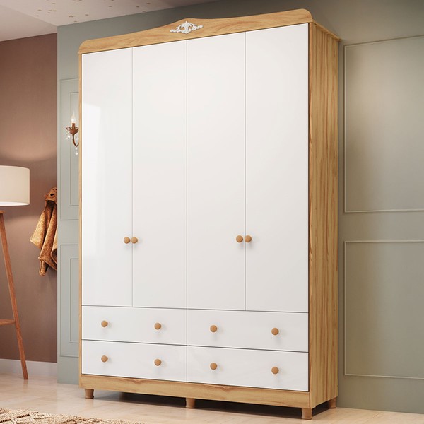 Guarda-Roupa Infantil Elô 4 Portas 4 Gavetas 100% Mdf Branco Brilho/Amêndoa - Móveis Peroba